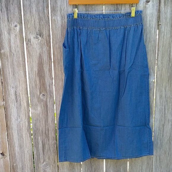 Anthropologie Skirt Women's Large Chambray Blue Cotton Button Down Front Preppy - Picture 5 of 10